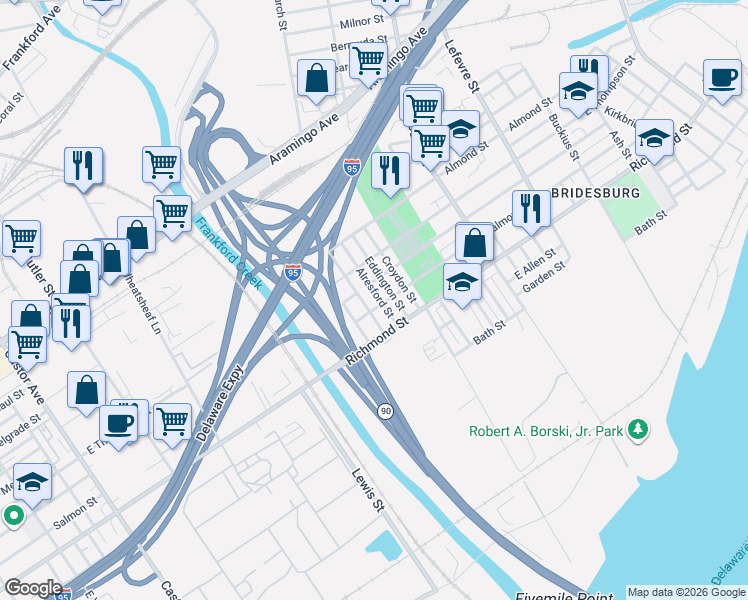 map of restaurants, bars, coffee shops, grocery stores, and more near 2735 Alresford Street in Philadelphia
