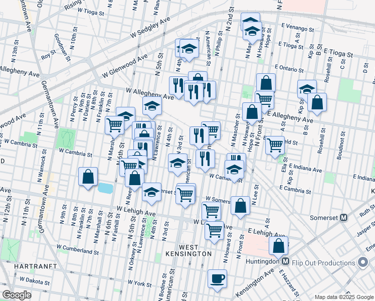 map of restaurants, bars, coffee shops, grocery stores, and more near 244 West Indiana Avenue in Philadelphia