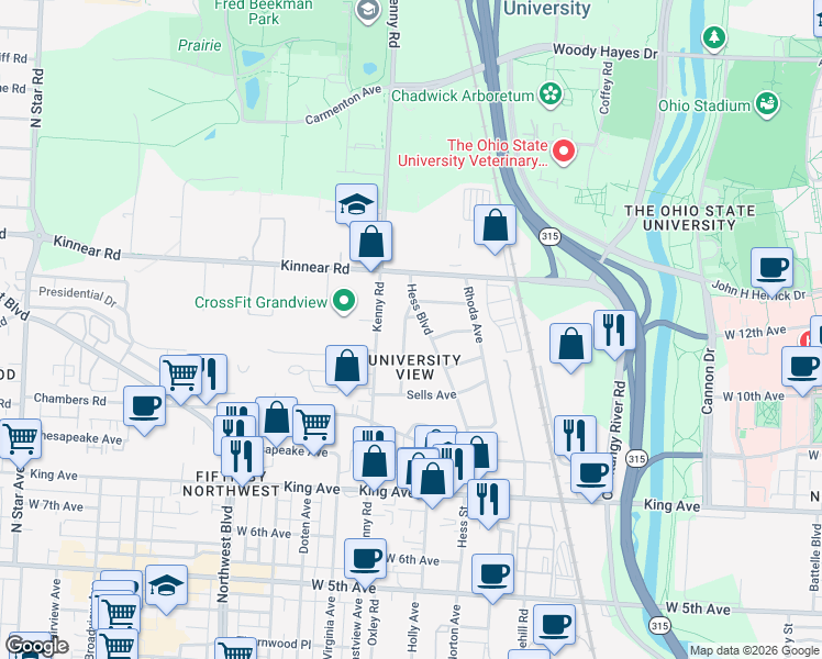 map of restaurants, bars, coffee shops, grocery stores, and more near 1795 Gerrard Avenue in Columbus