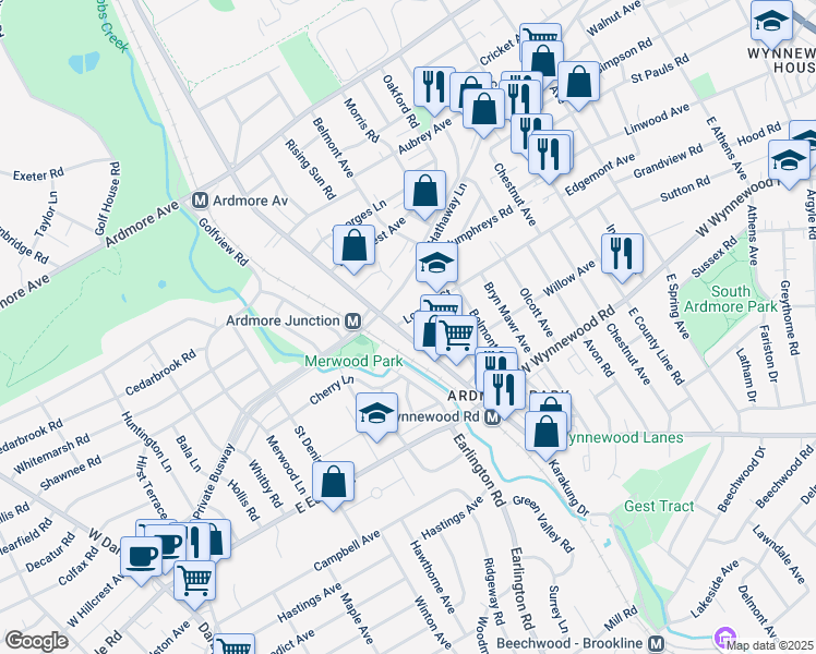 map of restaurants, bars, coffee shops, grocery stores, and more near 2569 Haverford Road in Ardmore