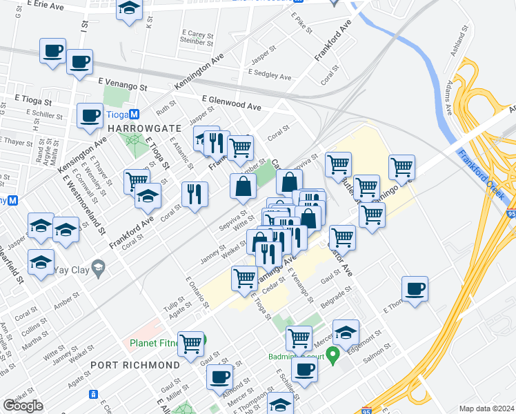 map of restaurants, bars, coffee shops, grocery stores, and more near 3615 Sepviva Street in Philadelphia