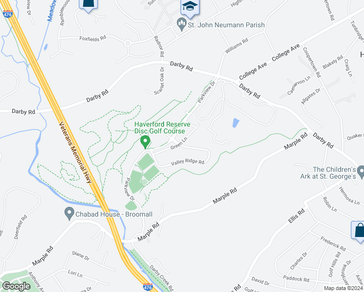 map of restaurants, bars, coffee shops, grocery stores, and more near 270 Valley Ridge Road in Haverford
