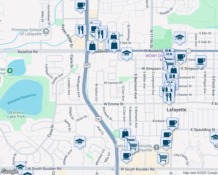 map of restaurants, bars, coffee shops, grocery stores, and more near 420 South Dover Avenue in Lafayette