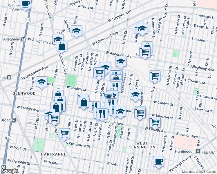 map of restaurants, bars, coffee shops, grocery stores, and more near 2937 North Fairhill Street in Philadelphia