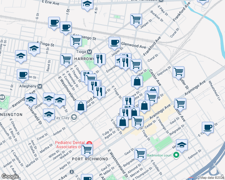 map of restaurants, bars, coffee shops, grocery stores, and more near 3477 Coral Street in Philadelphia