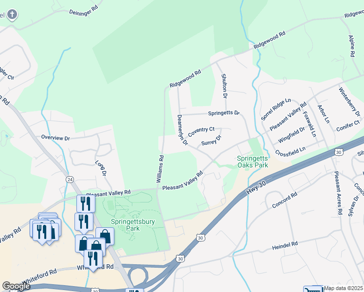 map of restaurants, bars, coffee shops, grocery stores, and more near 1780 Deamerlyn Drive in York