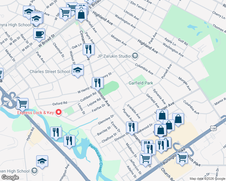 map of restaurants, bars, coffee shops, grocery stores, and more near 1100 Cinnaminson Avenue in Cinnaminson