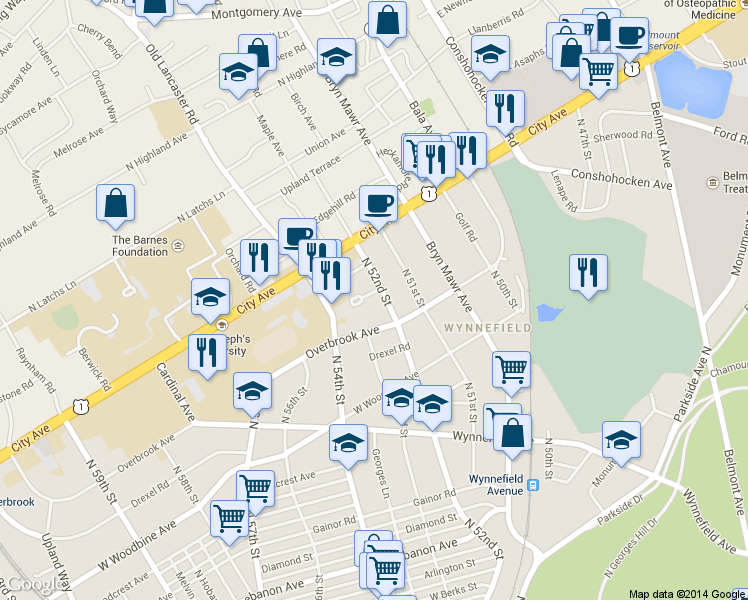 map of restaurants, bars, coffee shops, grocery stores, and more near 2408 North 52nd Street in Philadelphia