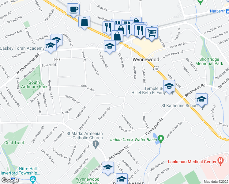 map of restaurants, bars, coffee shops, grocery stores, and more near 519 Sussex Road in Wynnewood