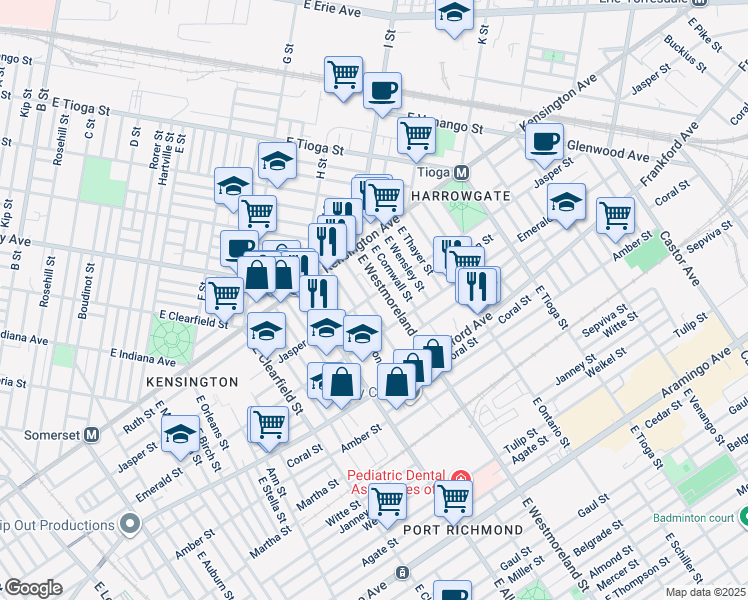 map of restaurants, bars, coffee shops, grocery stores, and more near 1916 East Westmoreland Street in Philadelphia