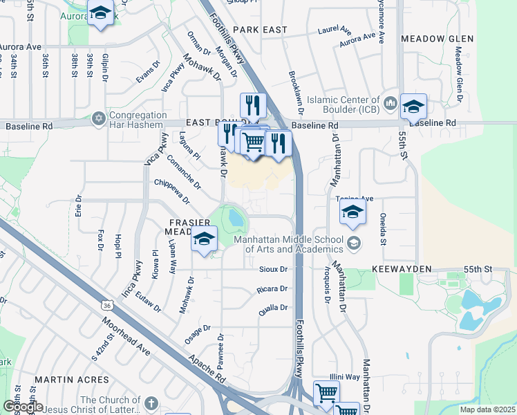 map of restaurants, bars, coffee shops, grocery stores, and more near 520 Mohawk Drive in Boulder
