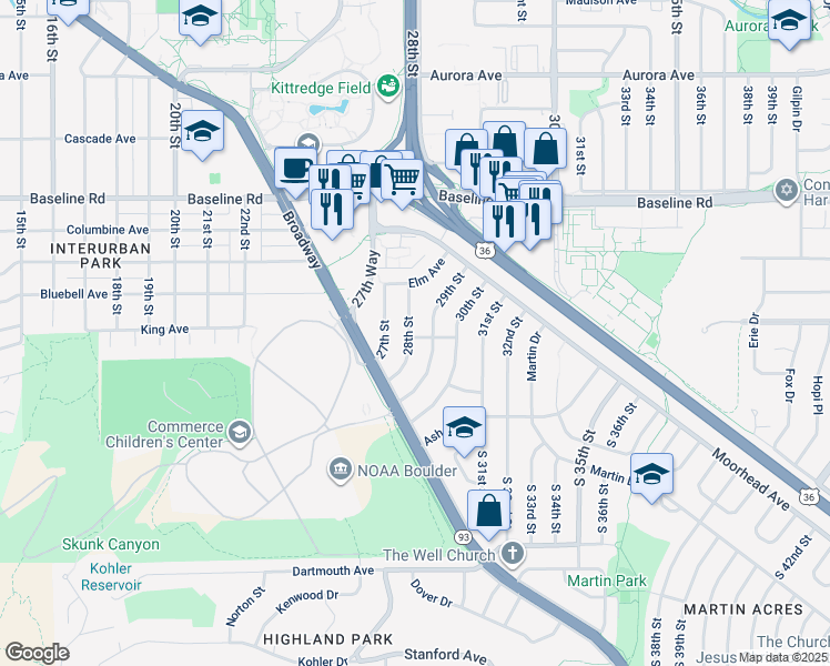 map of restaurants, bars, coffee shops, grocery stores, and more near 301 29th Street in Boulder