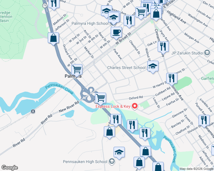 map of restaurants, bars, coffee shops, grocery stores, and more near 711 Public Road in Palmyra