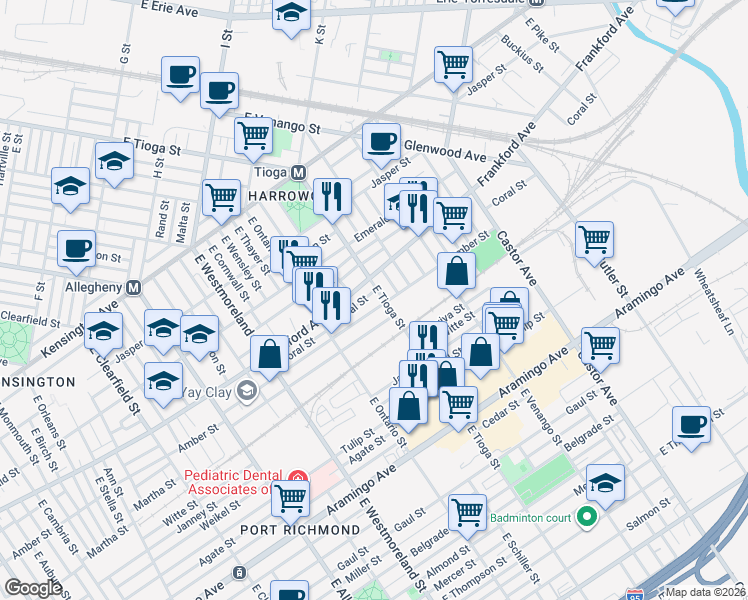 map of restaurants, bars, coffee shops, grocery stores, and more near 3477 Coral Street in Philadelphia