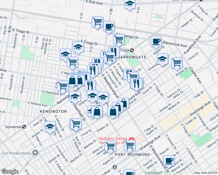 map of restaurants, bars, coffee shops, grocery stores, and more near 1920 East Westmoreland Street in Philadelphia