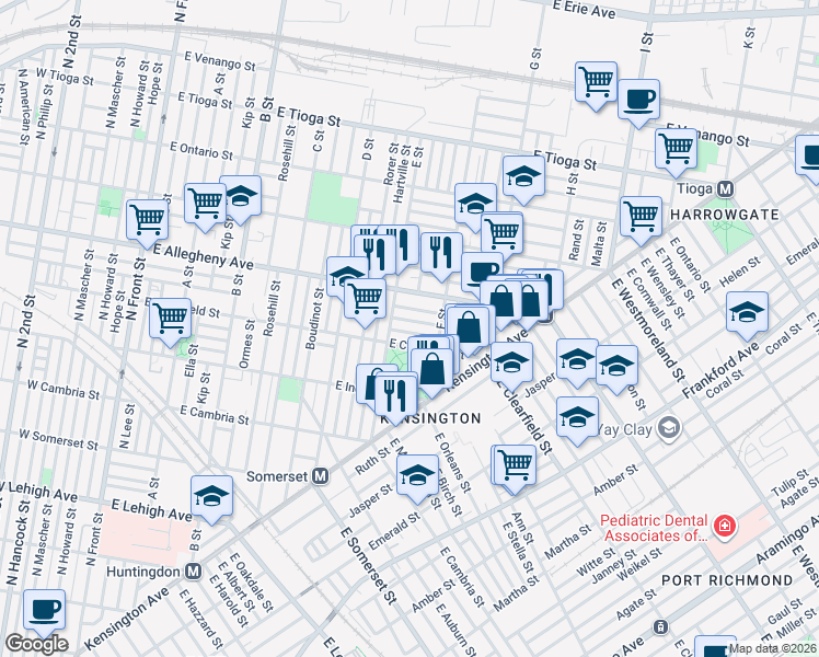 map of restaurants, bars, coffee shops, grocery stores, and more near 641 East Clementine Street in Philadelphia