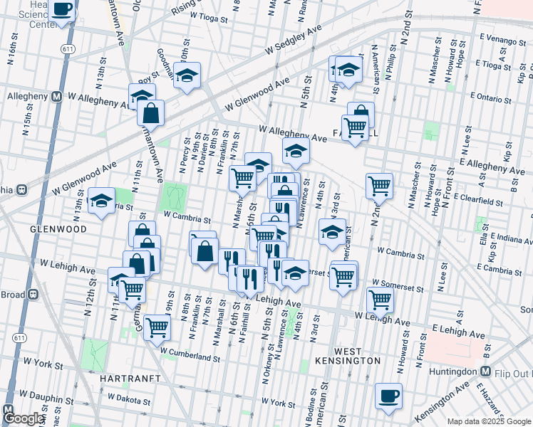 map of restaurants, bars, coffee shops, grocery stores, and more near 2937 North Fairhill Street in Philadelphia