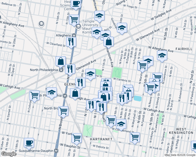 map of restaurants, bars, coffee shops, grocery stores, and more near 2831 North 11th Street in Philadelphia