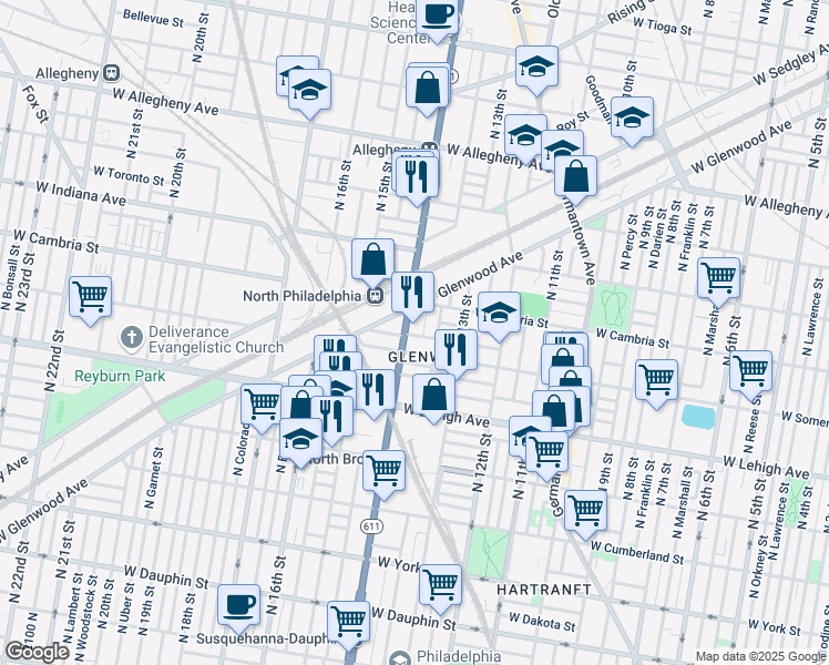 map of restaurants, bars, coffee shops, grocery stores, and more near in Philadelphia