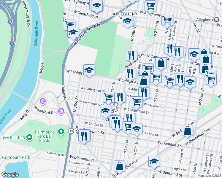 map of restaurants, bars, coffee shops, grocery stores, and more near 2618 North Myrtlewood Street in Philadelphia