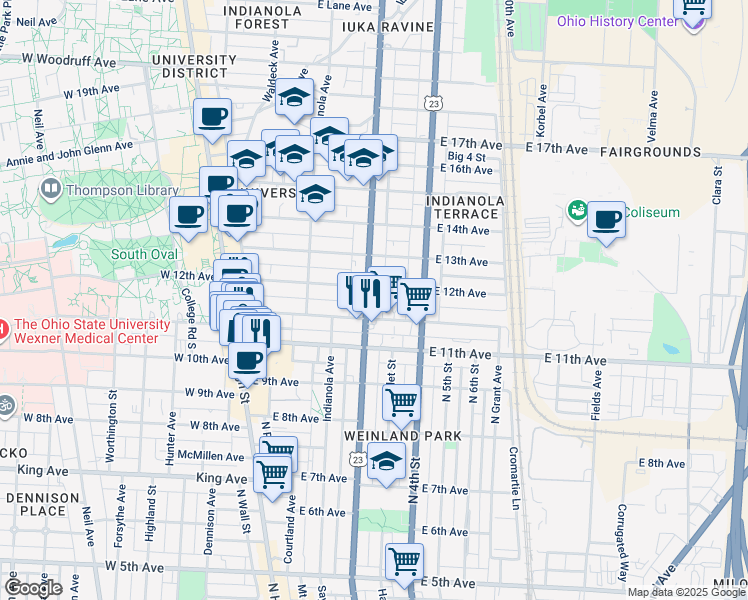 map of restaurants, bars, coffee shops, grocery stores, and more near in Columbus