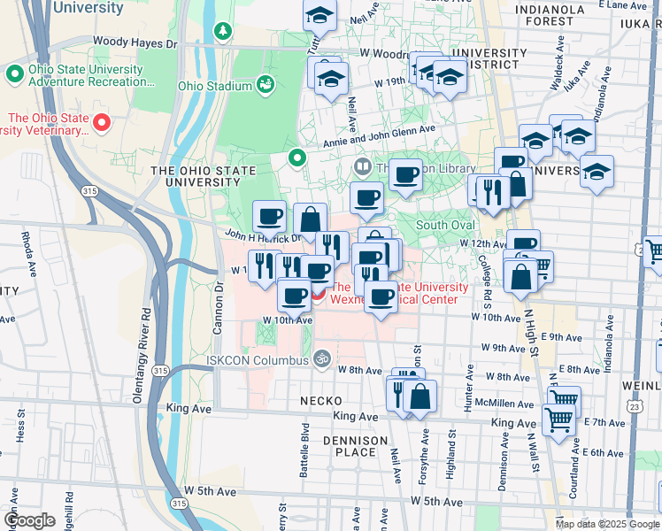 map of restaurants, bars, coffee shops, grocery stores, and more near 305 West 12th Avenue in Columbus