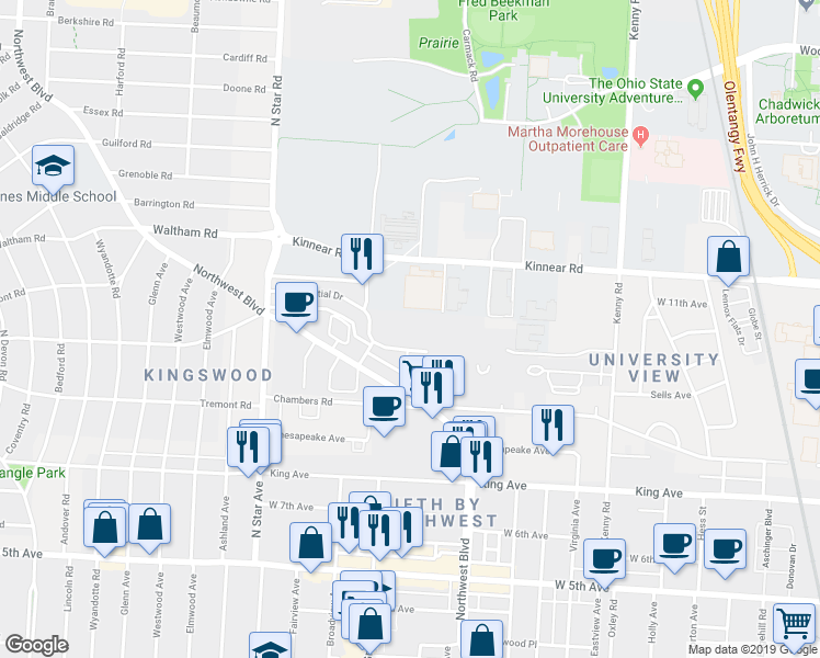 map of restaurants, bars, coffee shops, grocery stores, and more near 1314 Presidential Drive in Columbus