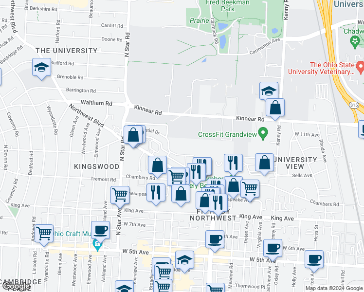map of restaurants, bars, coffee shops, grocery stores, and more near 1314 Presidential Drive in Columbus