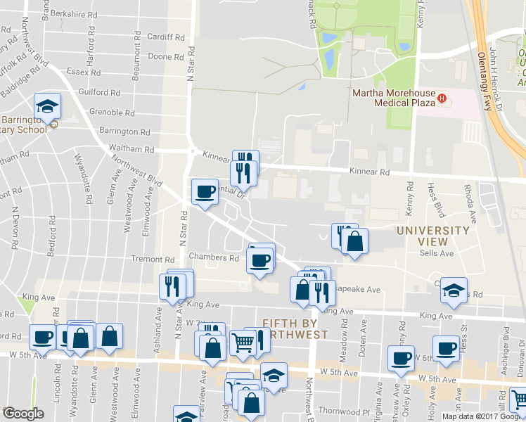 map of restaurants, bars, coffee shops, grocery stores, and more near 1447 Presidential Drive in Columbus