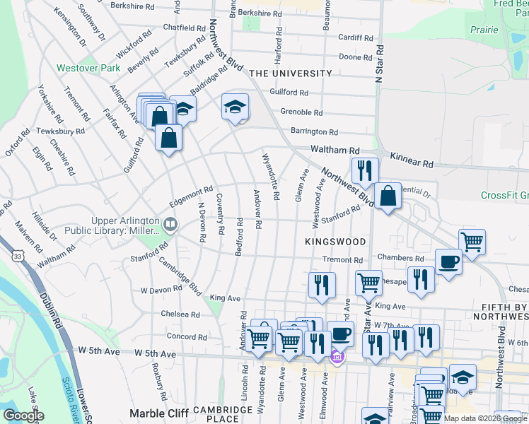 map of restaurants, bars, coffee shops, grocery stores, and more near 1770 Stanford Road in Columbus