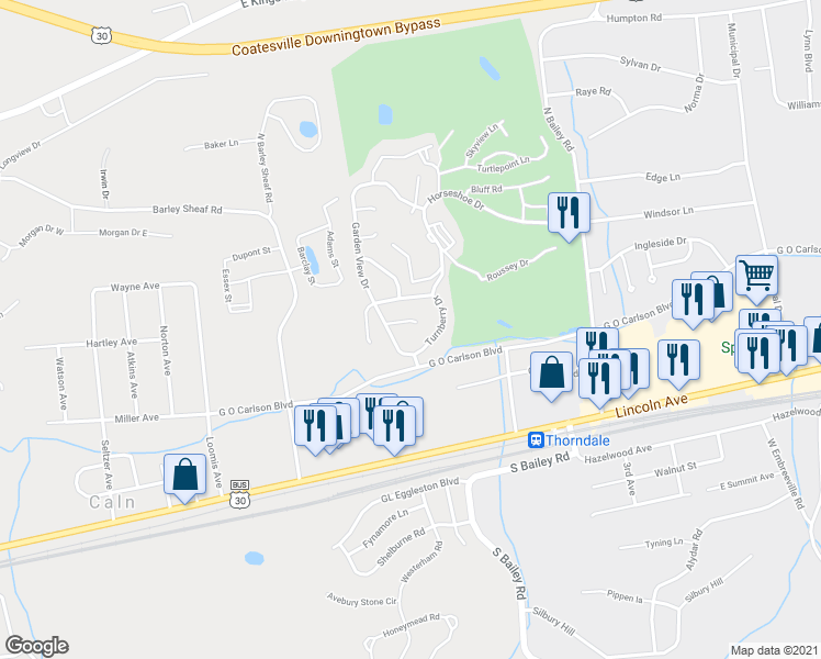 map of restaurants, bars, coffee shops, grocery stores, and more near 15 Greenleaf Court in Thorndale