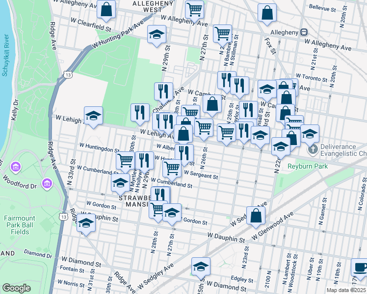 map of restaurants, bars, coffee shops, grocery stores, and more near 2708 West Oakdale Street in Philadelphia
