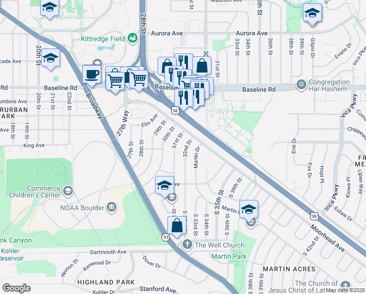 map of restaurants, bars, coffee shops, grocery stores, and more near 357 32nd Street in Boulder