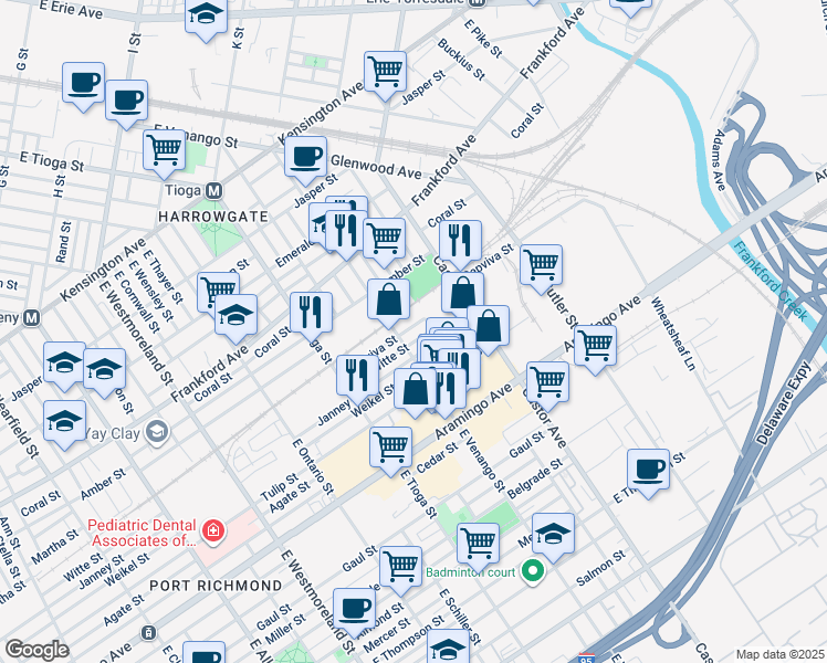 map of restaurants, bars, coffee shops, grocery stores, and more near 3617 Sepviva Street in Philadelphia