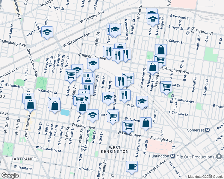 map of restaurants, bars, coffee shops, grocery stores, and more near 256 West Indiana Avenue in Philadelphia