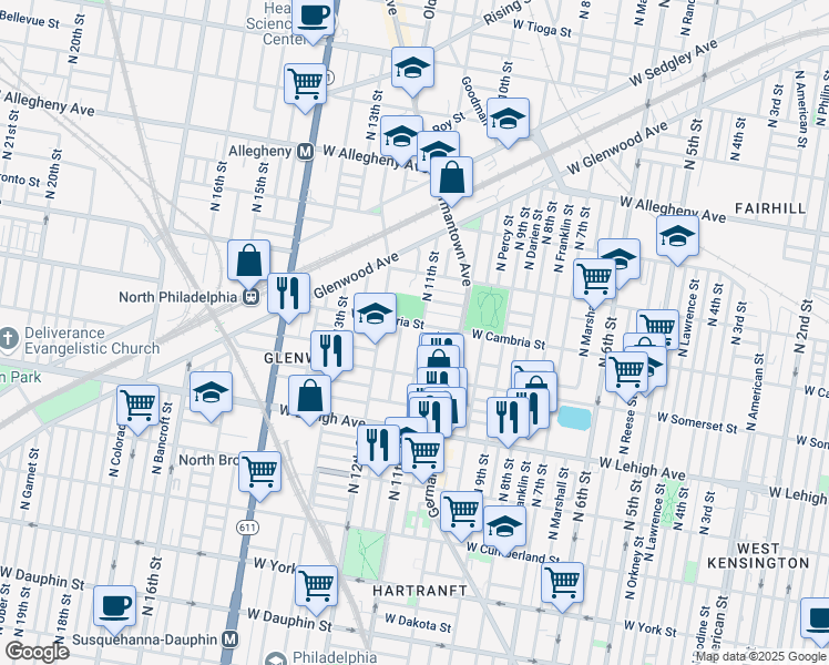 map of restaurants, bars, coffee shops, grocery stores, and more near 2850 North 11th Street in Philadelphia