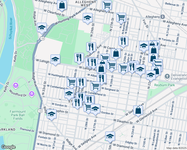 map of restaurants, bars, coffee shops, grocery stores, and more near 2628 North 28th Street in Philadelphia
