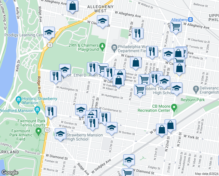 map of restaurants, bars, coffee shops, grocery stores, and more near 2628 North 28th Street in Philadelphia