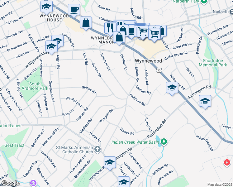 map of restaurants, bars, coffee shops, grocery stores, and more near 519 Sussex Road in Wynnewood