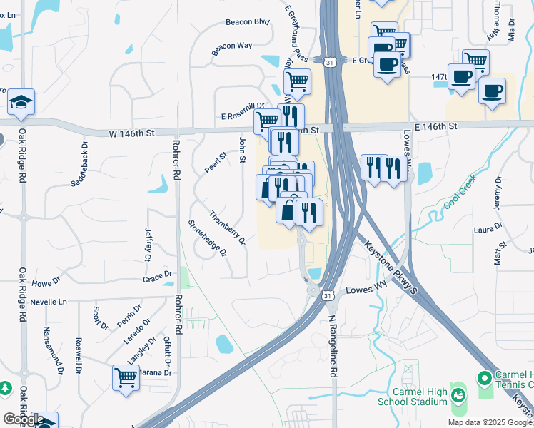 map of restaurants, bars, coffee shops, grocery stores, and more near 14350 Clay Terrace Boulevard in Carmel