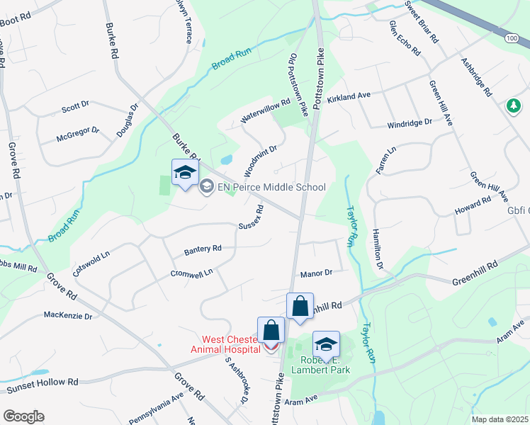map of restaurants, bars, coffee shops, grocery stores, and more near 107 Sussex Road in West Chester