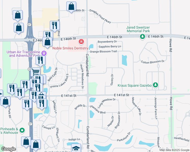 map of restaurants, bars, coffee shops, grocery stores, and more near 9863 Worthington Boulevard in Fishers