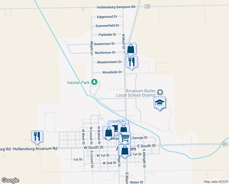 map of restaurants, bars, coffee shops, grocery stores, and more near 16 Park Drive in Arcanum