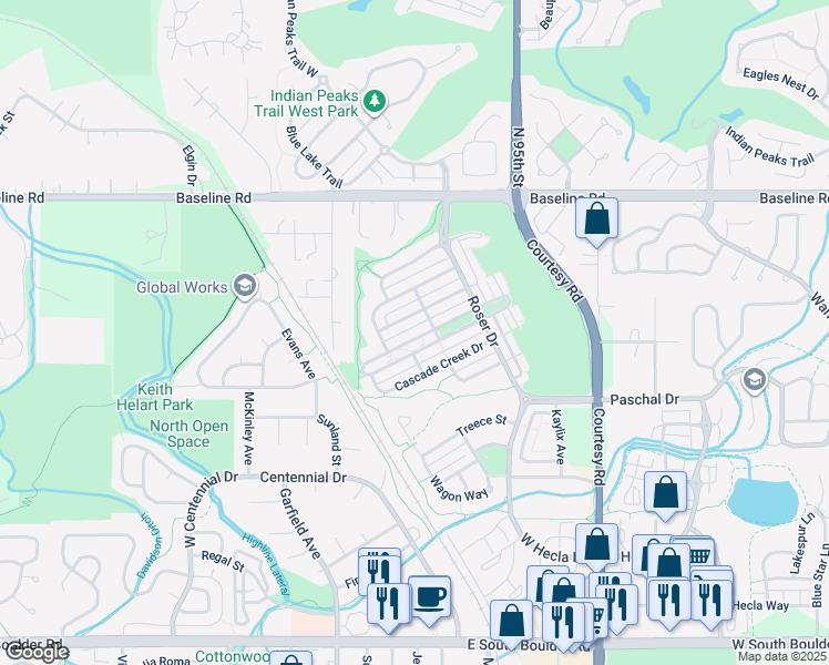 map of restaurants, bars, coffee shops, grocery stores, and more near 2853 Twin Lakes Circle in Lafayette