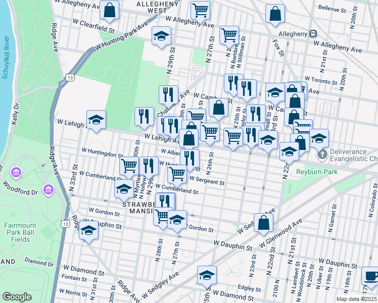 map of restaurants, bars, coffee shops, grocery stores, and more near 2708 West Oakdale Street in Philadelphia