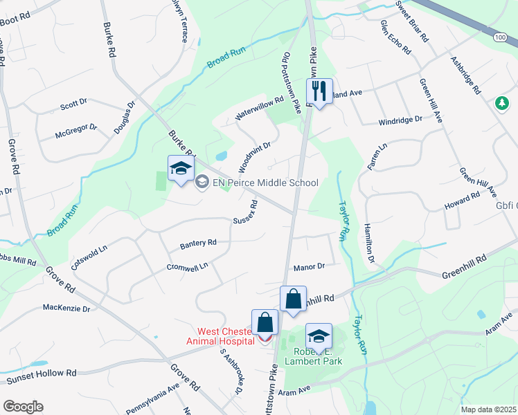 map of restaurants, bars, coffee shops, grocery stores, and more near 107 Sussex Road in West Chester