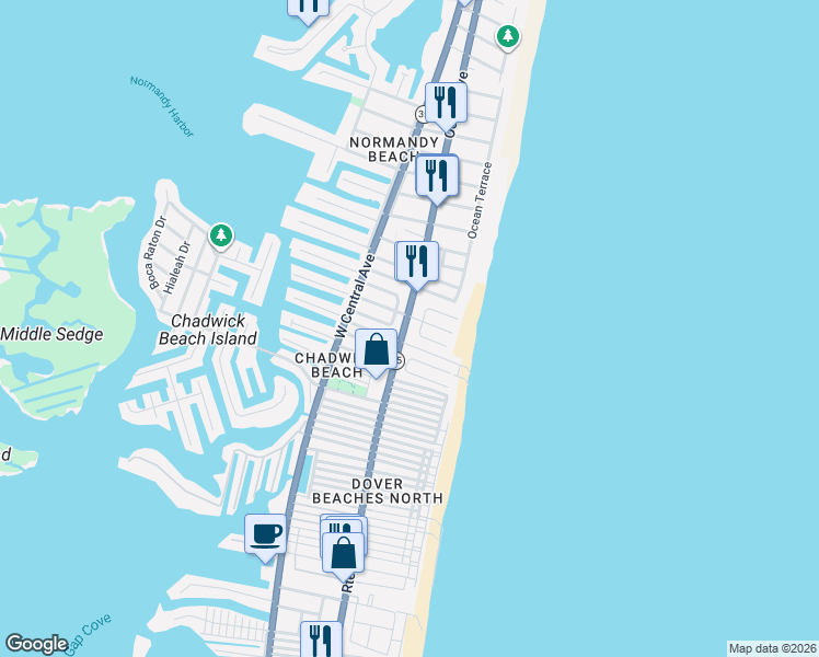 map of restaurants, bars, coffee shops, grocery stores, and more near 3540 Grand Central Avenue in Lavallette