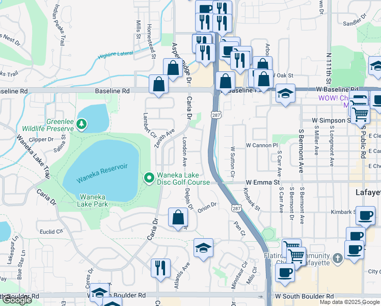 map of restaurants, bars, coffee shops, grocery stores, and more near 1160 Nottingham Street in Lafayette