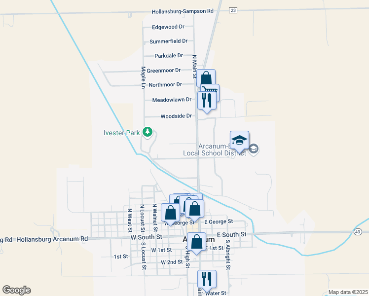 map of restaurants, bars, coffee shops, grocery stores, and more near 16 Park Drive in Arcanum