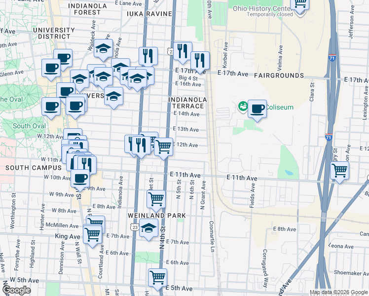map of restaurants, bars, coffee shops, grocery stores, and more near 335 East 12th Avenue in Columbus